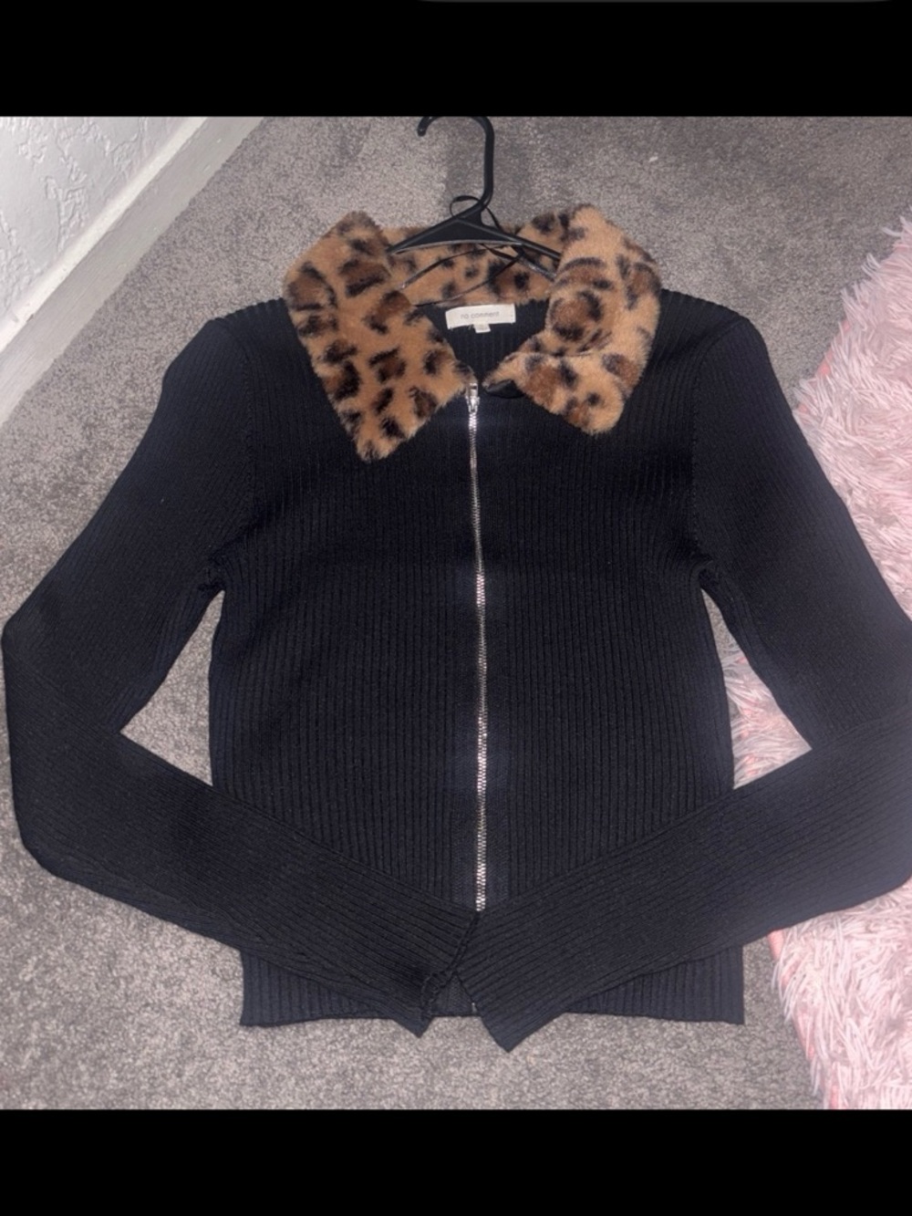No Comment Ribbed Cardigan with Leopard Faux Fur Collar